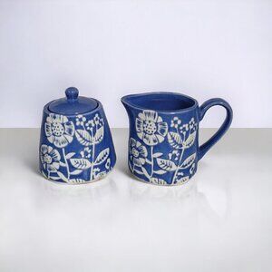 Porcelain Mini Sugar Bowl & Creamer Blue & White Floral Boho Cottagecore